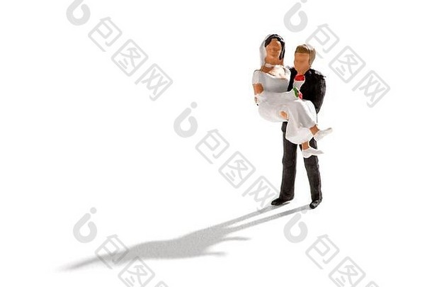 结婚了场景扫帚持有新娘手小人微型孤立的白色背景长影子