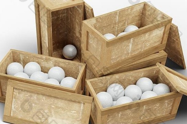 四个木质运输箱的特写镜头，里面装满了白色背景的手球