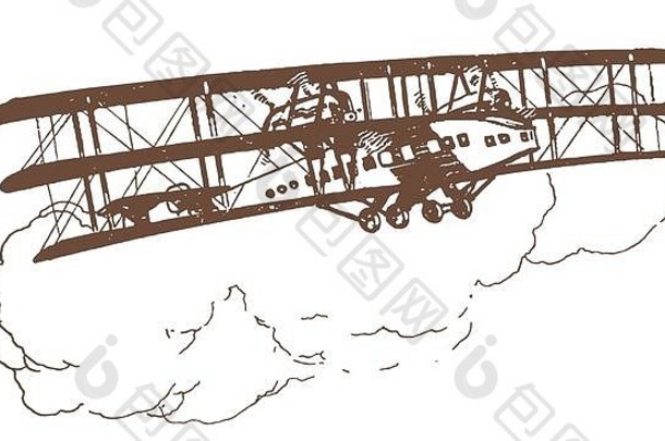 历史上，螺旋桨驱动的三面飞机在大积云前飞行。20世纪初石版印刷后的插图