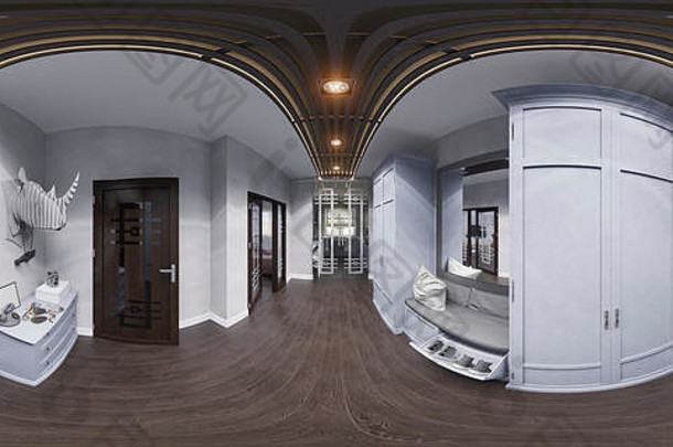 经典风格的3d插图大厅室内设计。渲染是无缝的360度球形全景