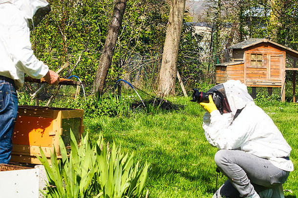 摄影师在花园里拍摄养蜂人的照片，蜜蜂在养蜂人周围飞来飞去。养蜂生活的真实场景