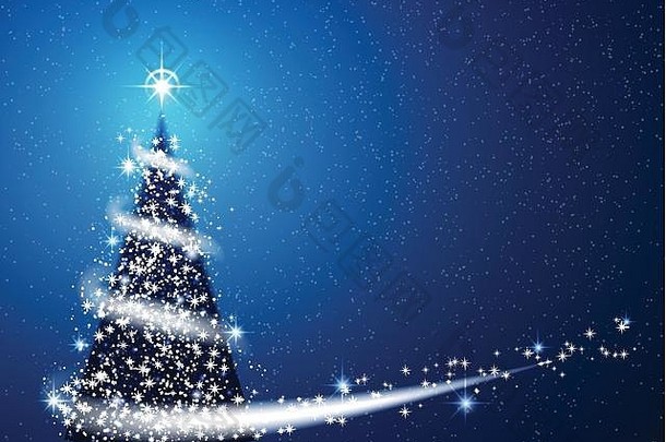 蓝色的圣诞节树暴雪雪花星星背景