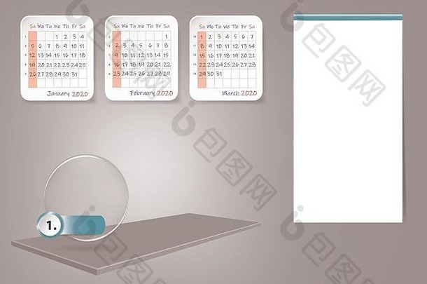 2020年第一季度的日历在3d表格上，空白标签用于注释和主要任务。全部在灰色灯光背景上。