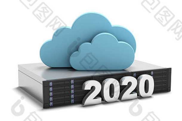 云计算服务器一年蓝色的数据存储云电脑服务器孤立的白色背景插图