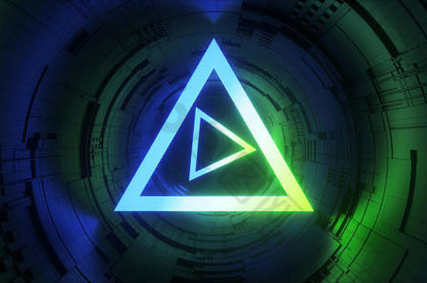sci门门户网站霓虹灯发光的三角形圆梯度绿色蓝色的复古的外星人宇宙飞船反光主板纹理芯片空背景太空什