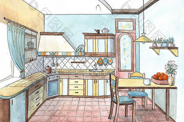 厨房内部的水彩画