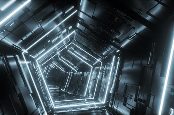 未来主义的霓虹灯光蓝色的超五角三角形详细的sci外星人宇宙飞船反光金属走廊隧道门空发光的背景