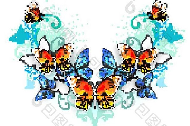 白色背景上对称的蓝色大斑蝶和橙色大斑蝶。