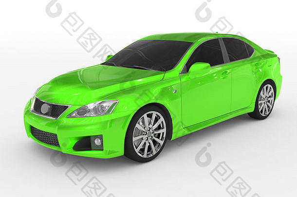 隔离在白色-绿色油漆、有色玻璃上的汽车-左前侧视图-3d渲染