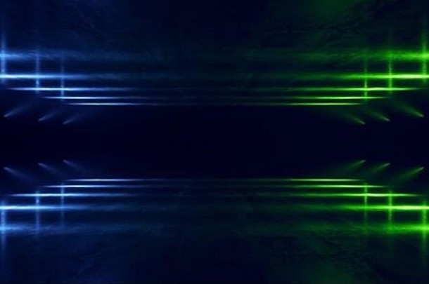 绿色蓝色的霓虹灯激光复古的现代sci未来主义的宇宙飞船网络虚拟走廊大厅隧道走廊黑暗晚上俱乐部阶段讲台上混凝土难看的东西