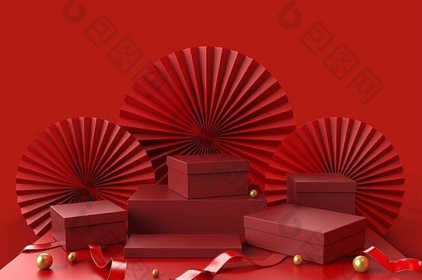红色的领奖台礼物<strong>盒</strong>子显示奢侈品产品包装演讲摘要中国纸背景金球地板上渲染