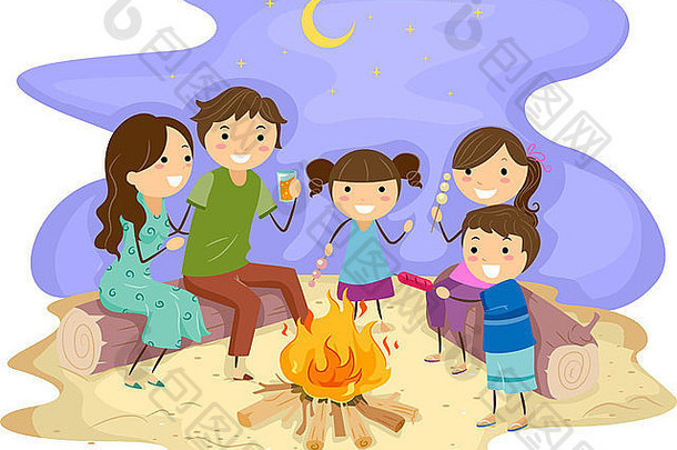 插图家庭聚集篝火