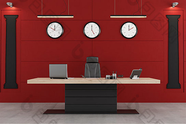 红色的黑色的现代办公室桌子上椅子形状经典列墙呈现