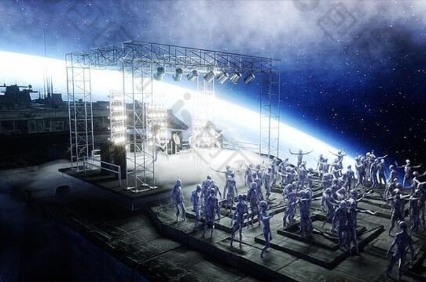 太空船上的外星人摇滚派对。音乐会吉他、贝司和鼓演奏。地球背景。外星人有趣的概念。三维渲染。