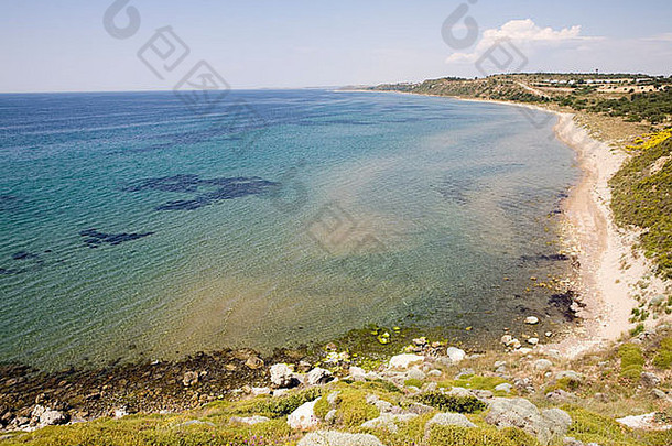 视图“希腊阵营”海滩特洛伊爱琴海海岸火鸡