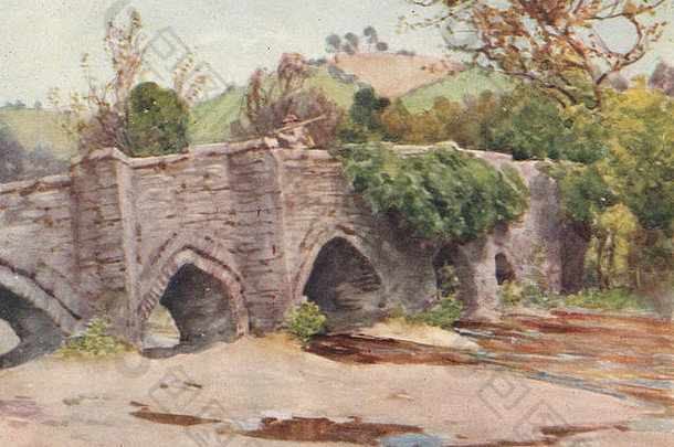 洛斯特维尔。老桥。康沃尔。乔治·弗兰克·尼科尔斯（George Franck Nicholls），旧版，1915年
