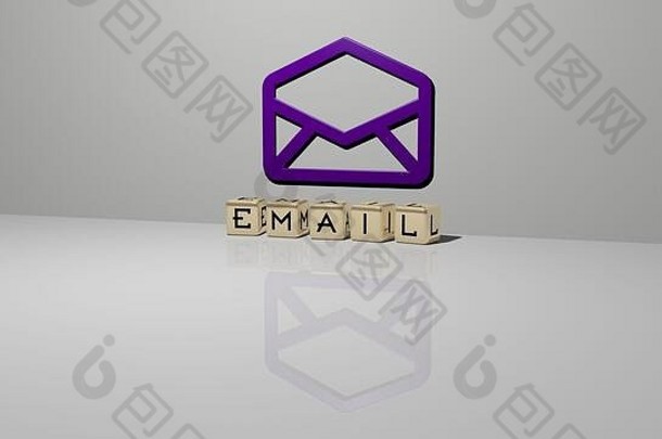 电子邮件的3D图形图像垂直排列，文本由金属立方体字母从顶部透视而成，非常适合概念演示和幻灯片放映。插图与商业