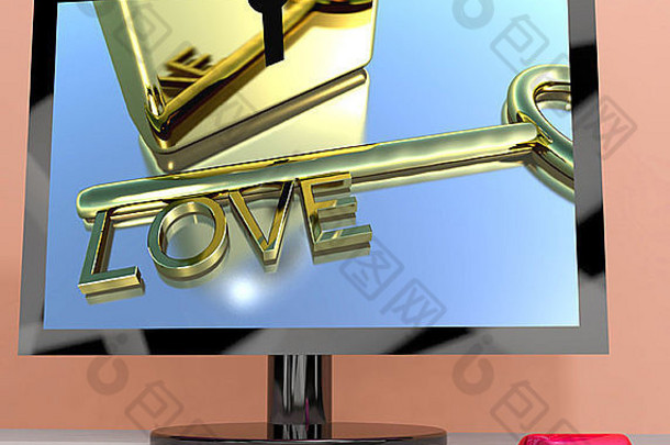 电脑屏幕上的爱情键显示在线约会