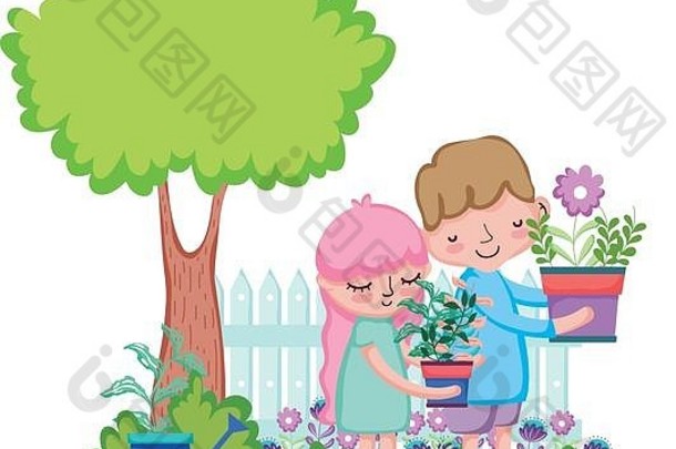 孩子们夫妇提升室内植物栅栏树