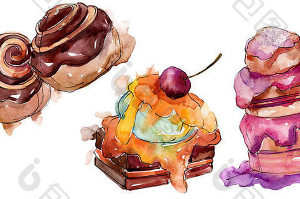美味的蛋糕好甜蜜的甜点水彩背景插图集孤立的甜点插图元素
