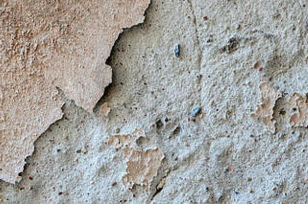 陈旧的粗糙风化墙背景纹理。米色脏的去皮灰泥墙，油漆脱落