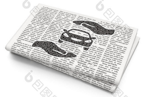 保险理念：报纸背景下的汽车和手掌