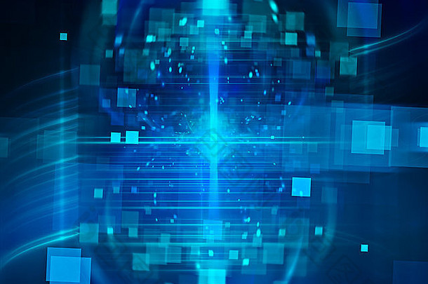 蓝色的发光的高科技粒子深度场广场电脑生成的摘要背景