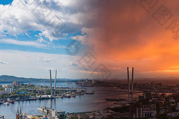 海参崴城市景观-拼贴图片从白天到日落。