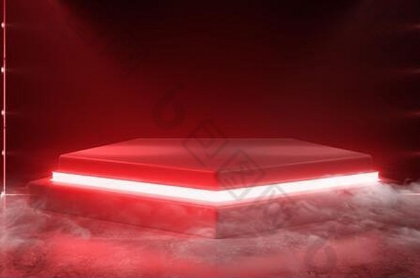 烟雾阶段讲台上sci未来主义的领导霓虹灯激光光充满活力的红色的发光的光空网络虚拟外星人宇宙飞船车库时尚展示