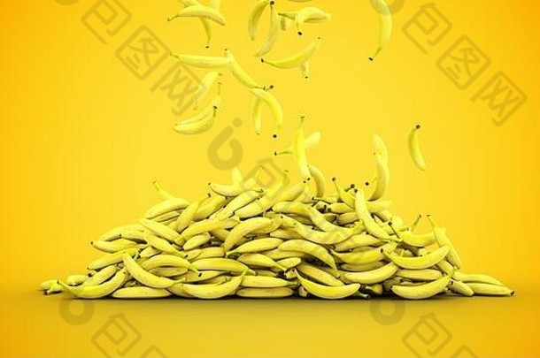 新鲜的香蕉随着水滴落下。食物概念。三维渲染。三维渲染