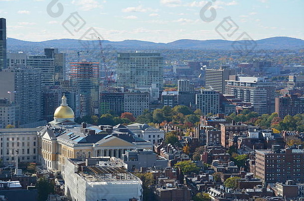 黄金圆顶麻萨诸塞州状态房子在灯塔山市中心波士顿天际线波士顿麻萨诸塞州曼联州美国