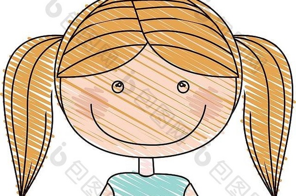 颜色铅笔画漫画一半身体金发碧眼的女孩猪尾头发