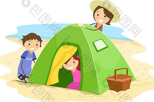 一个家庭一起搭建帐篷的插图