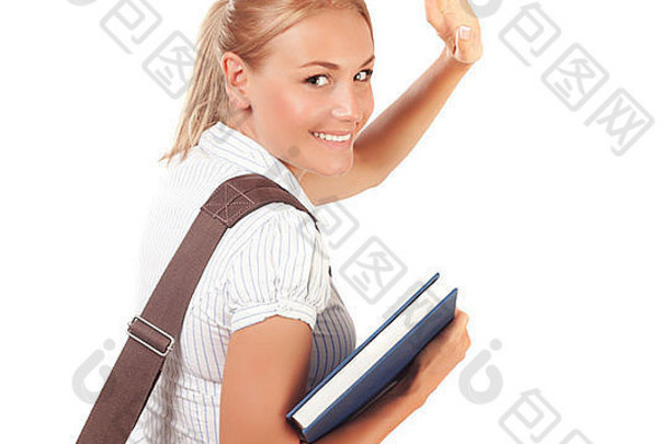 特写镜头：快乐的女学生走开，挥手告别，孤立在白色背景下，高中，该学习了