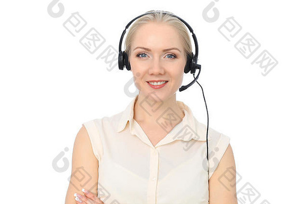 呼叫中心接线员或戴在白色背景上隔离的耳机的年轻漂亮女商务人士