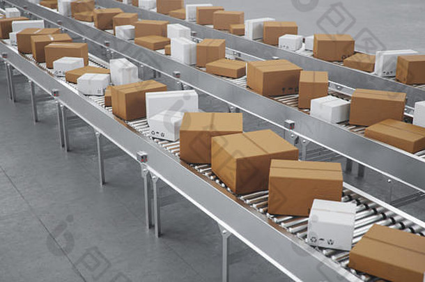 3D插图包裹交付、包装服务和包裹运输系统概念、仓库传送带上的纸箱