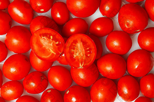 收获新鲜的红色的中等大小的西红柿特写镜头