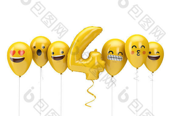 数量黄色的生日表情符号脸气球渲染