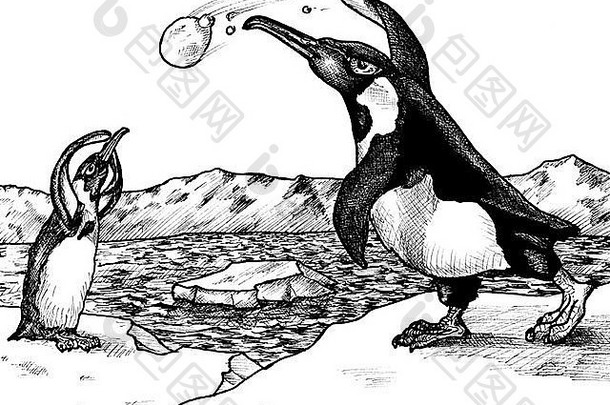 两只企鹅在北极打雪仗的水墨画