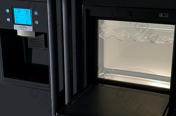 现代冰箱的特写显示控制面板选项和冰块分配器低调