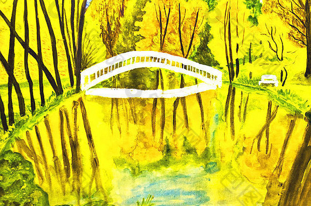 彩画，水彩画-秋天的风景，森林，湖泊和桥梁。