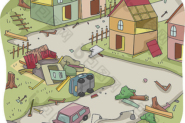 描述灾难后果的翻转房屋和车辆的插图