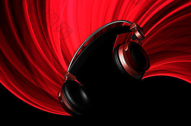 黑色背景上带红灯的<strong>红色</strong>耳机插图