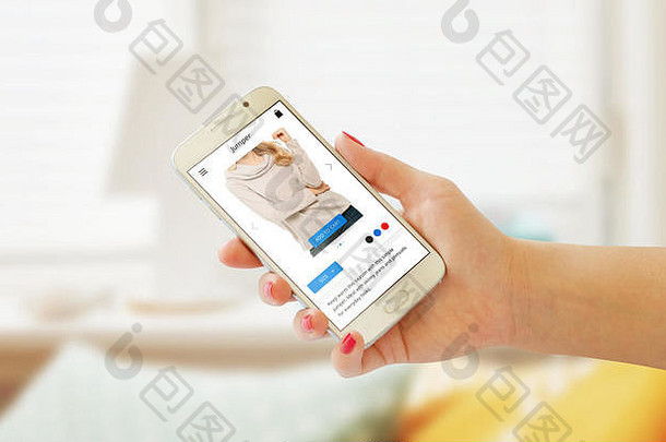 在线购物聪明的电话女人手网络网站应用程序电话显示房间室内背景