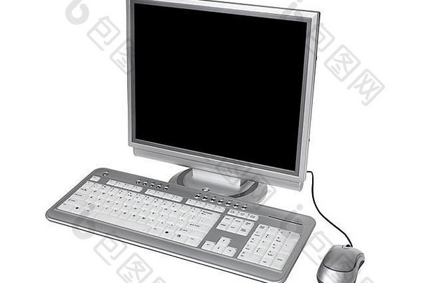 配备键盘、鼠标和平板液晶显示屏的电脑。