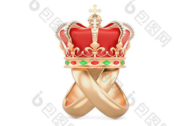 皇家婚礼的概念。带有皇冠的结婚戒指，在白色背景上进行3D渲染