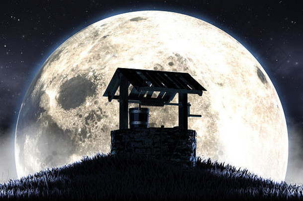 一个概念图显示了一个古老的许愿井在一个满月和繁星的夜晚背景前的草山在夜间-三维渲染