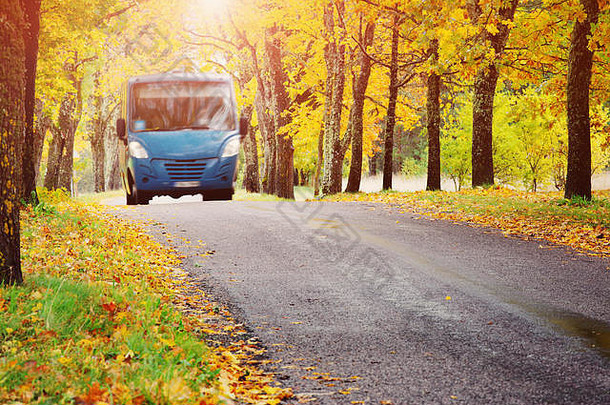 公共汽车沥青路美丽的秋天一天