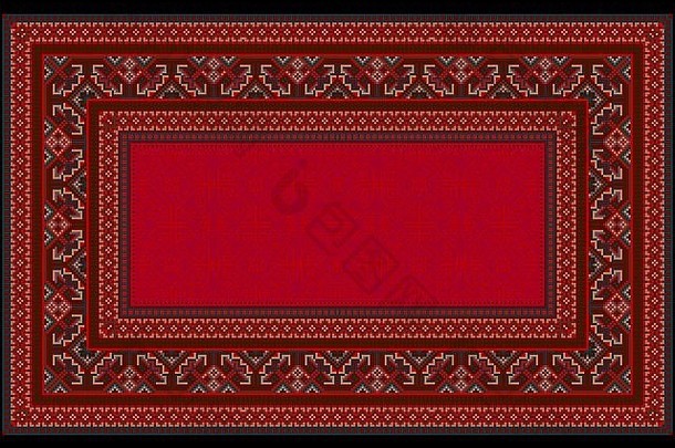 明亮的红色底纹图案与带有杂色边框的古代风格地毯