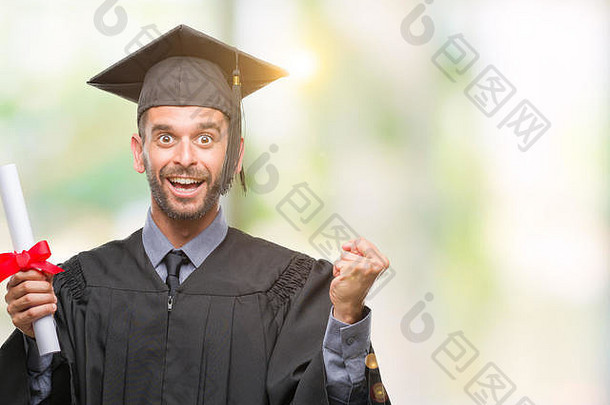 年轻的英俊的毕业男人。持有学位孤立的背景尖叫骄傲庆祝胜利成功兴奋欢呼表情符号